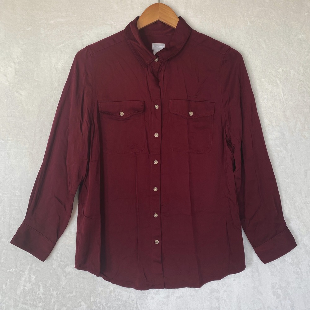 CHICOS Burgundy Button Up Shirt Women Size 1 Long Sleeve Chest‎ Pocket
